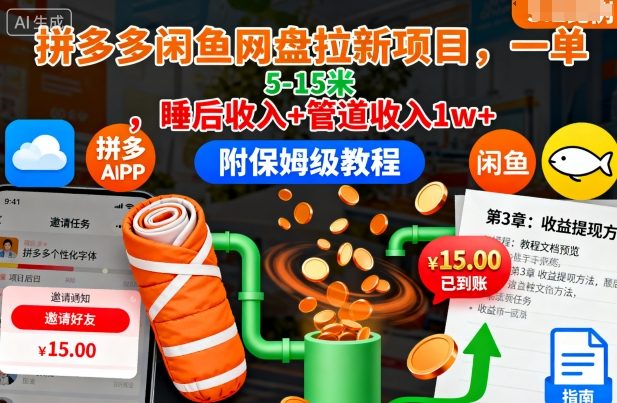 拼多多闲鱼网盘拉新项目，一单5-15米，睡后收入+管道收入1w+(附保姆级教程)-鑫梵淘