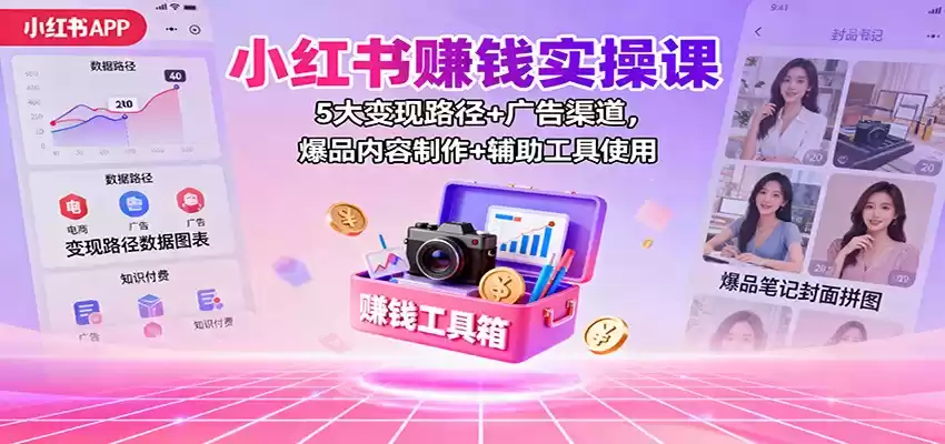 小红书赚钱实操课：5大变现路径+广告渠道，爆品内容制作+辅助工具使用-鑫梵淘