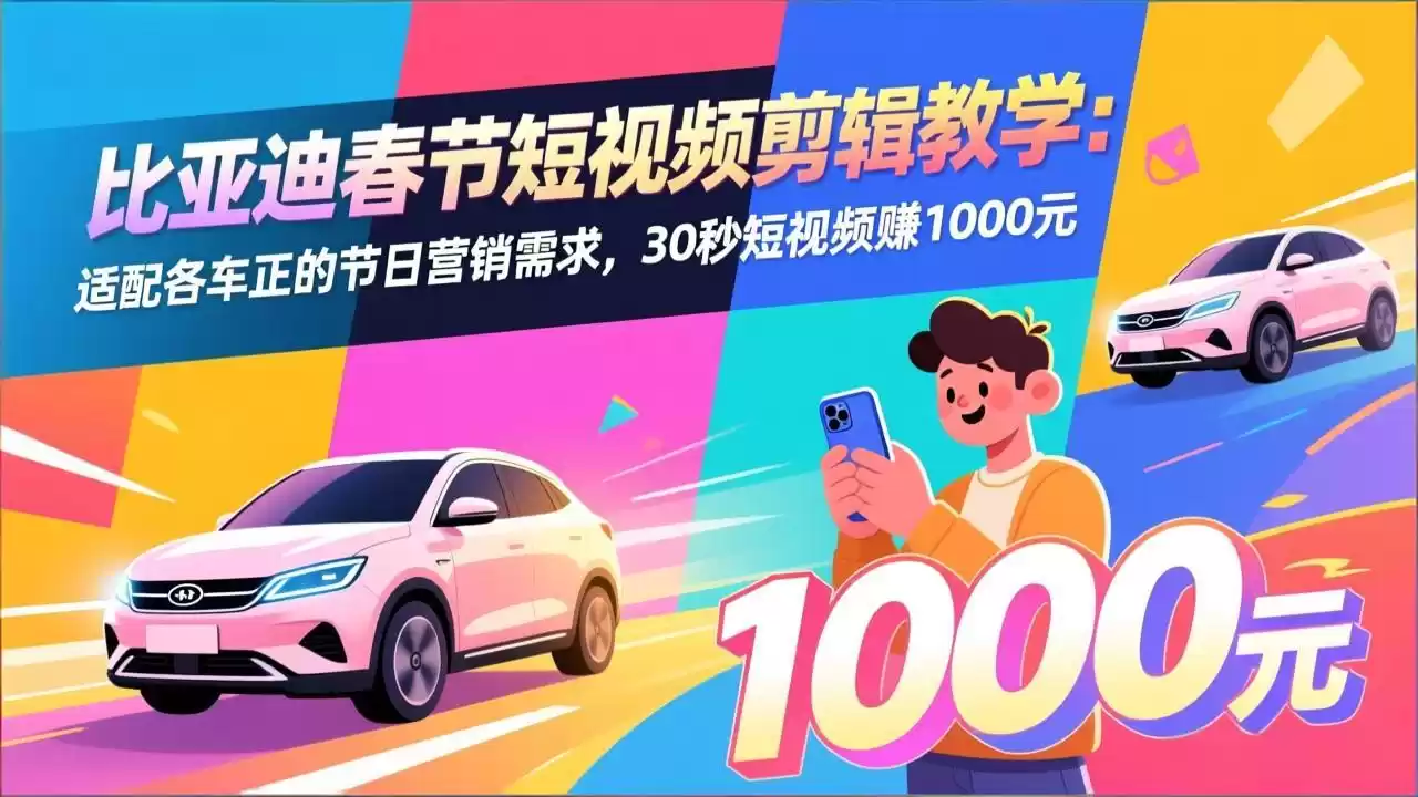 比亚迪春节短视频剪辑教学：适配各车企的节日营销需求，30秒短视频赚1000元-鑫梵淘