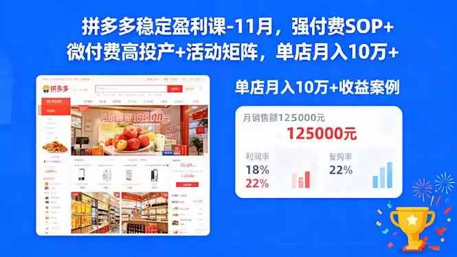 拼多多稳定盈利课-11月，强付费SOP+微付费高投产+活动矩阵，单店月入10w+-鑫梵淘