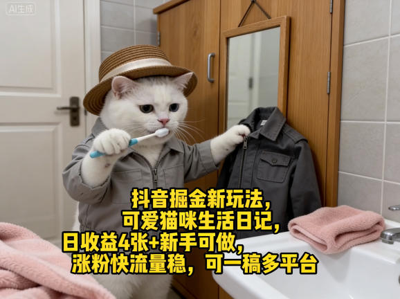 抖音掘金新玩法，可爱猫咪生活日记，日收益4张+新手可做，涨粉快流量稳，可一稿多平台-鑫梵淘