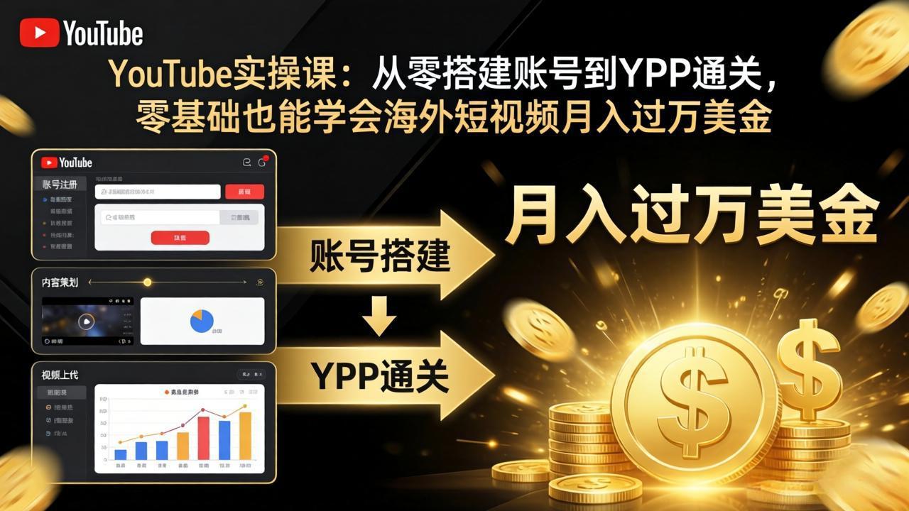 YouTube实操课：从零搭建账号到YPP通关，零基础也能学会海外短视频月入过万美金-鑫梵淘
