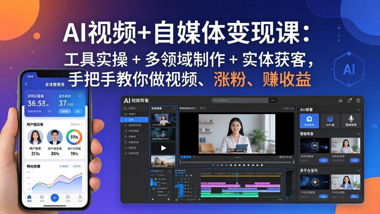 AI视频+自媒体变现课：工具实操 + 多领域制作 + 实体获客，手把手教你做视频、涨粉、赚收益-鑫梵淘
