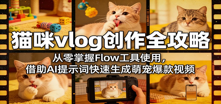 猫咪vlog创作全攻略：从零掌握Flow工具使用，借助AI提示词快速生成萌宠爆款视频-鑫梵淘