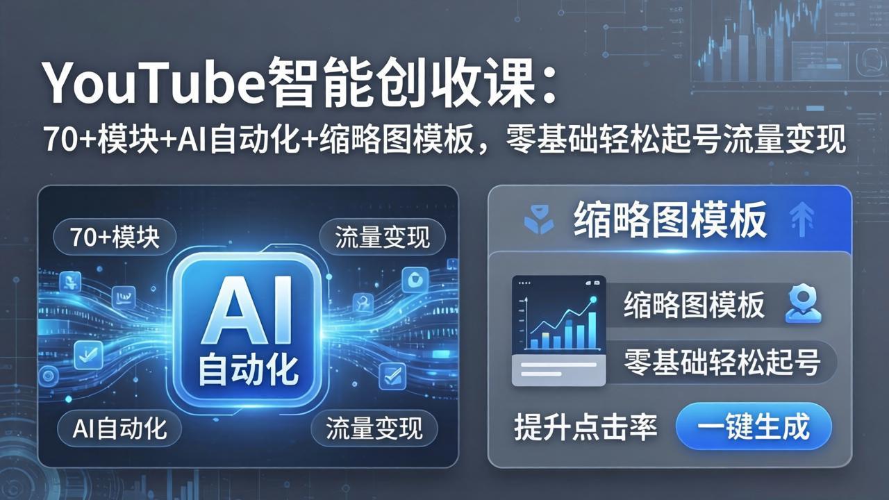 YouTube智能创收课：70+模块+AI自动化+缩略图模板，零基础轻松起号流量变现-鑫梵淘