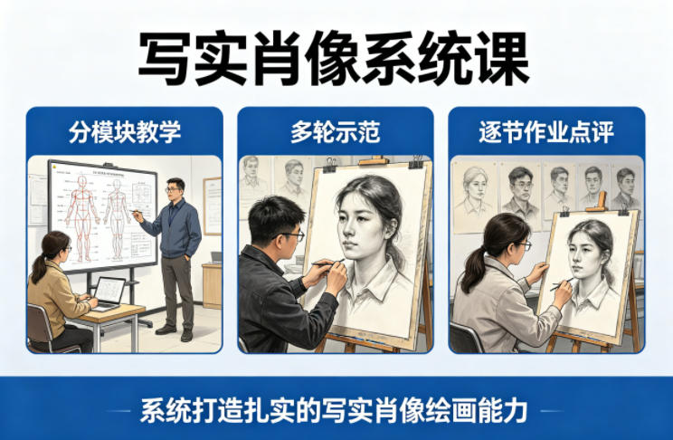 写实肖像系统课，全程分模块教学+多轮示范+逐节作业点评，系统打造扎实的写实肖像绘画能力-鑫梵淘