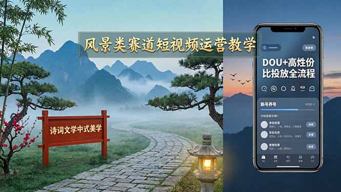 风景类赛道短视频运营教学：诗词文学中式美学，新号养号对标账号定位，DOU+高性价比投放全流程-鑫梵淘