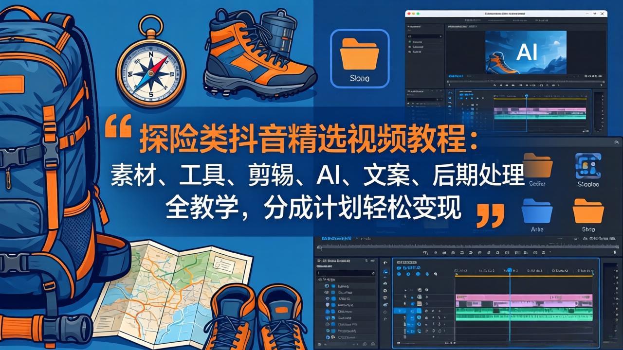探险类抖音精选视频教程：素材、工具、剪辑、AI、文案、后期处理全教学，分成计划轻松变现-鑫梵淘