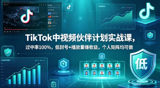 TikTok中视频伙伴计划实战课，过中率100%，低封号+播放量賺收益，个人矩阵均可做-鑫梵淘