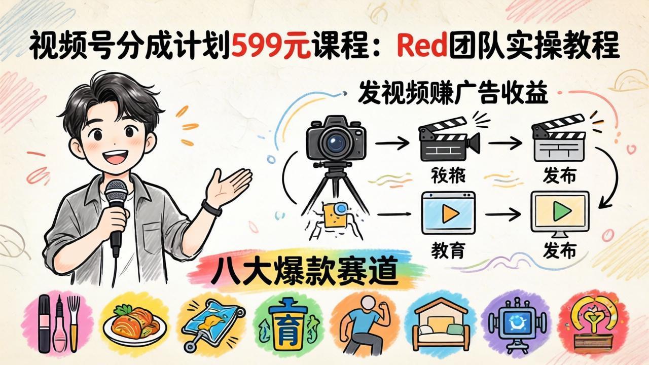 视频号分成计划599元课程：Red团队实操教程，发视频赚广告收益，八大爆款赛道全掌握-鑫梵淘