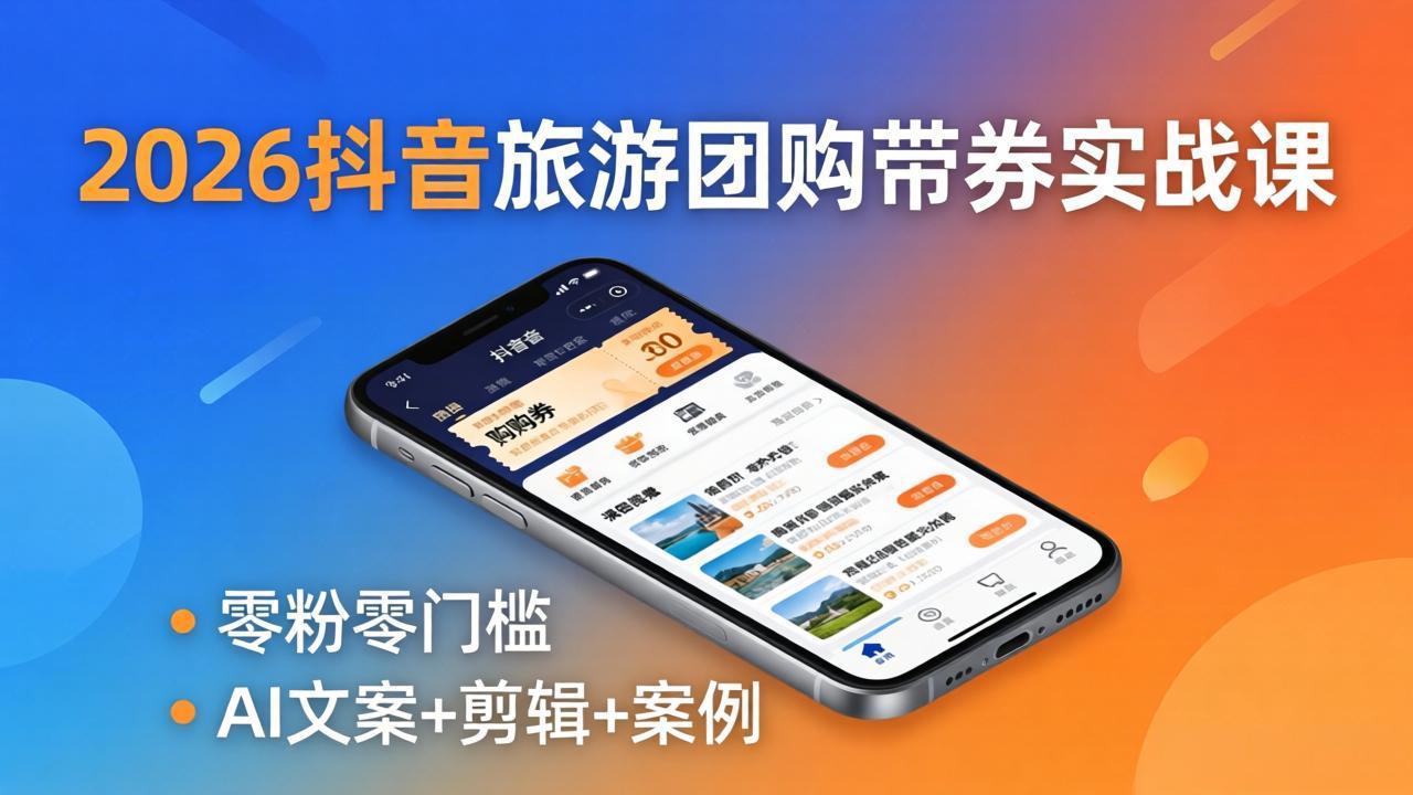 2026抖音旅游团购带券实战课：零粉零门槛，AI文案+剪辑+案例，躺着赚门票佣金-鑫梵淘