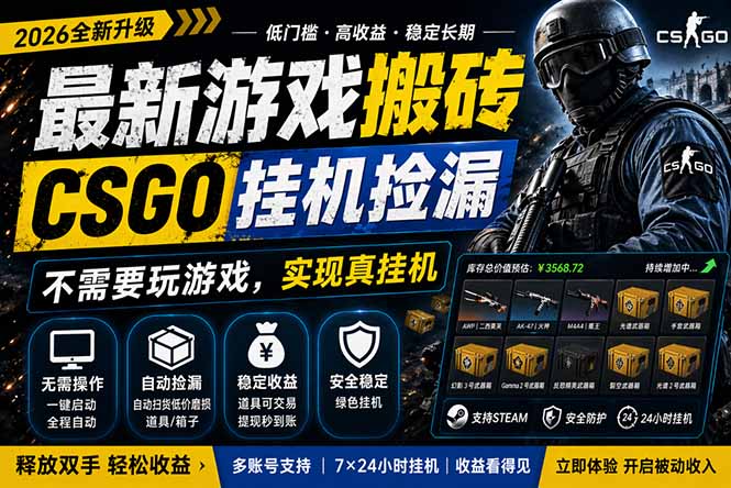 最新游戏搬砖，CSGO纯挂机，不需要玩游戏，实现真挂机，月入1W+，五一小高峰上车可吃肉，...-鑫梵淘
