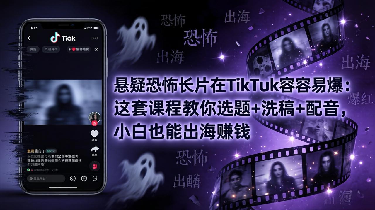悬疑恐怖长片在TikTok最容易爆：这套课程教你选题+洗稿+配音，小白也能出海赚钱-鑫梵淘