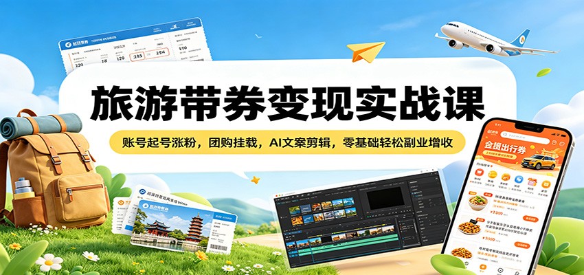 旅游带券变现实战课：账号起号涨粉，团购挂载，AI文案剪辑，零基础轻松副业增收-鑫梵淘