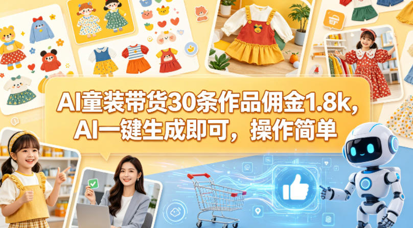 AI童装带货30条作品佣金1.8k，AI一键生成即可，操作简单-鑫梵淘