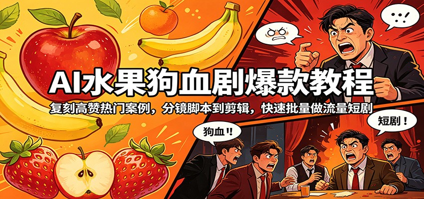 AI水果狗血剧爆款教程：复刻高赞热门案例，分镜脚本到剪辑，快速批量做流量短剧-鑫梵淘