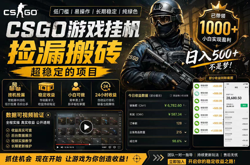CSGO游戏搬砖，全自动挂G，不需要玩游戏，手机操作日入300+，解放双手【揭秘】-鑫梵淘