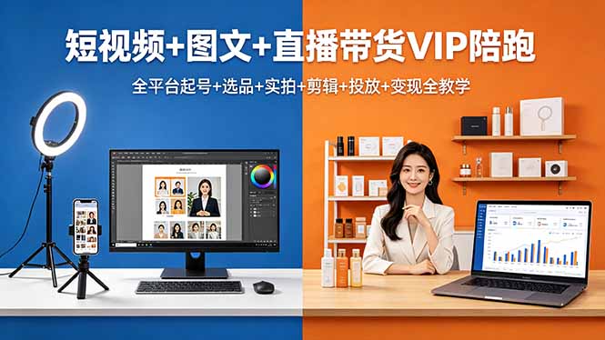 短视频+图文+直播带货VIP陪跑，全平台起号+选品+实拍+剪辑+投放+变现全教学-鑫梵淘