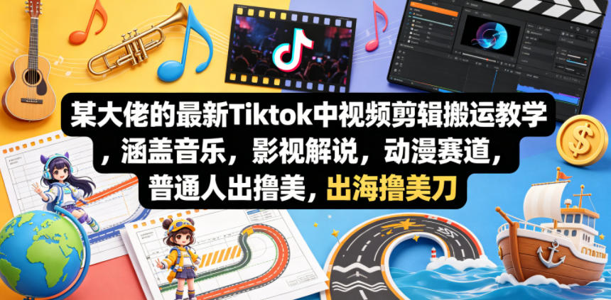 某大佬的最新Tiktok中视频剪辑搬运教学，涵盖音乐，影视解说，动漫赛道，普通人出海撸美刀-鑫梵淘