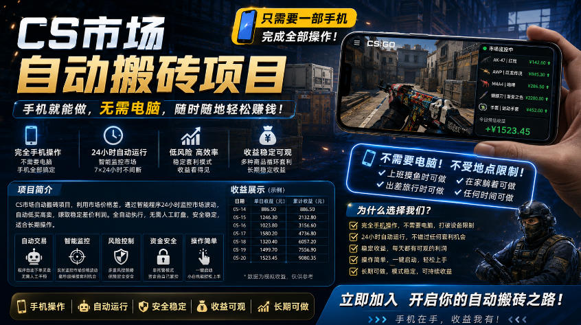 手机即可操作的CS市场自动搬砖系统｜自动监控｜自动下单|日入300+【揭秘】-鑫梵淘