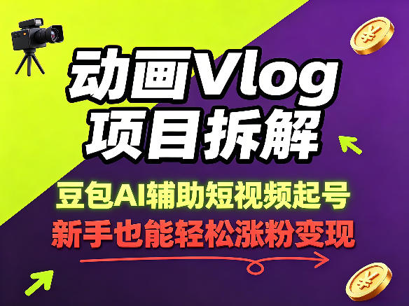 动画Vlog项目拆解，豆包AI辅助短视频起号，新手也能轻松涨粉，43条作品涨粉8.3W-鑫梵淘
