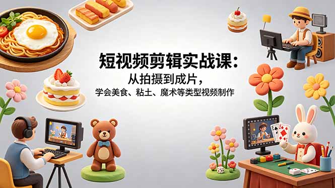 短视频剪辑实战课：从拍摄到成片，学会美食、粘土、魔术等类型视频制作-鑫梵淘