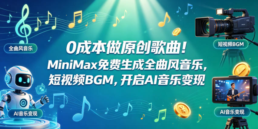 0成本做原创歌曲！MiniMax免费生成全曲风音乐，短视频BGM，开启AI音乐变现-鑫梵淘
