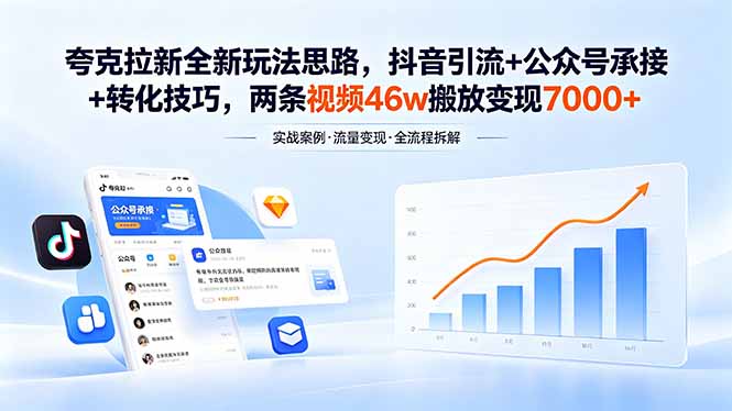 夸克拉新全新玩法思路，抖音引流+公众号承接+转化技巧，两条视频46w搬放 变现7000+-鑫梵淘