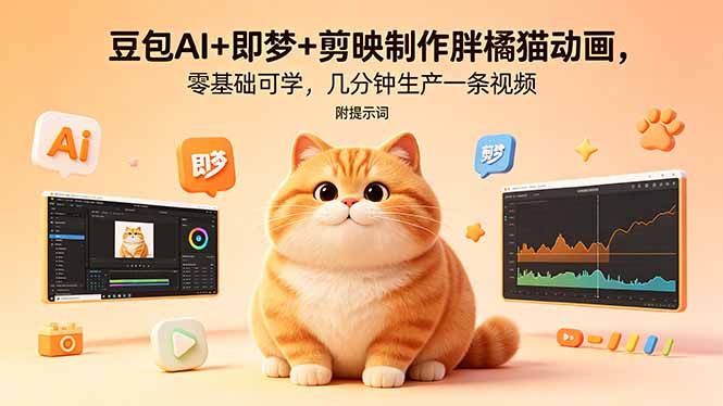 豆包AI+即梦+剪映制作胖橘猫动画，零基础可学，几分钟生产一条视频，附提示词-鑫梵淘