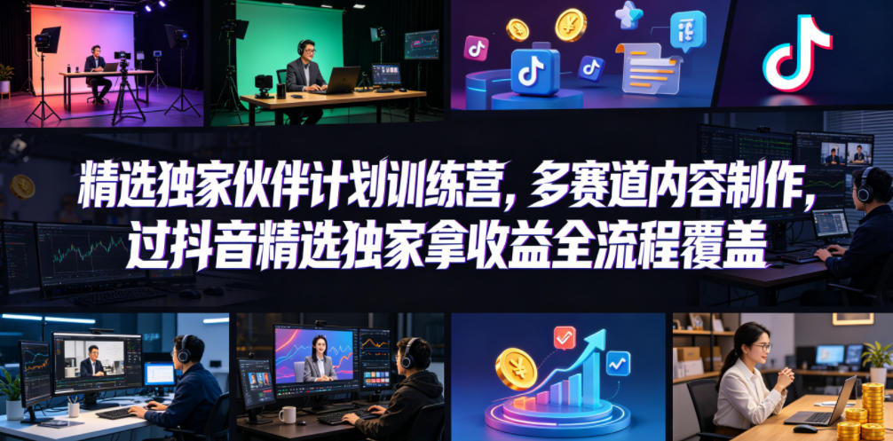 小豁食堂精选独家伙伴计划训练营，多赛道内容制作，过抖音精选独家拿收益全流程覆盖-鑫梵淘