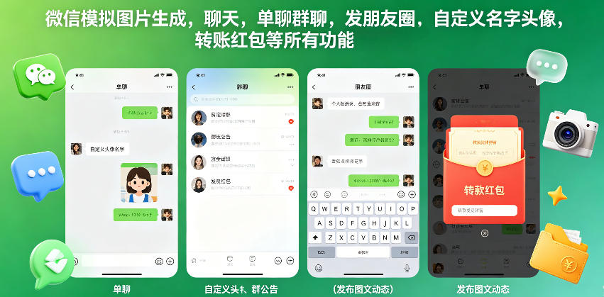 微信模拟图片生成，聊天，单聊群聊，发朋友圈，自定义名字头像，转账红包等所有功能都可以生成-鑫梵淘