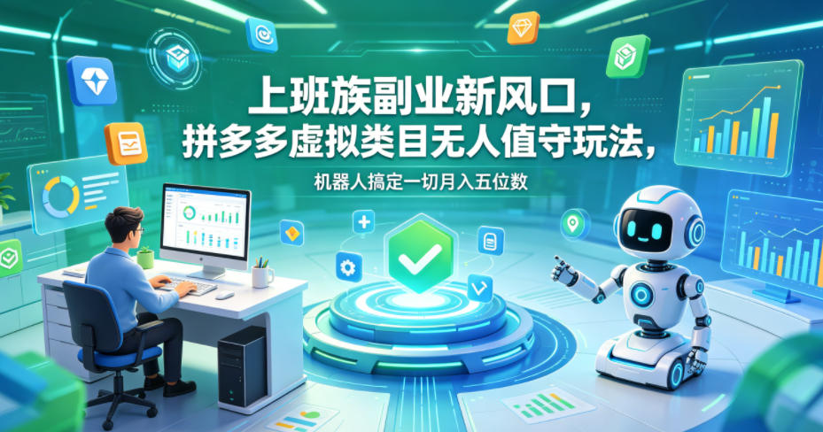 上班族副业新风口，拼多多虚拟类目无人值守玩法，机器人搞定一切月入五位数【揭秘】-鑫梵淘