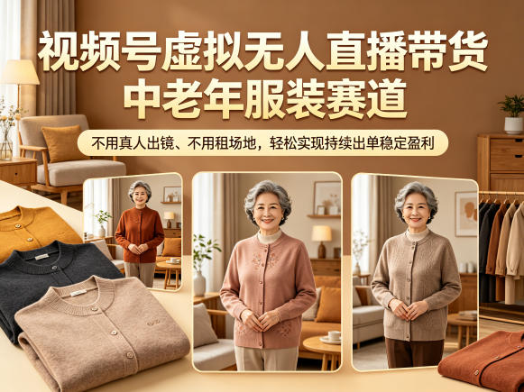视频号虚拟无人直播带货中老年服装赛道，不用真人出镜、不用租场地，轻松实现持续出单稳定盈利-鑫梵淘
