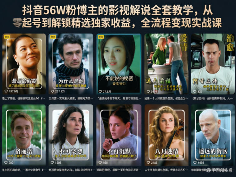 抖音56W粉博主的影视解说全套教学，从零起号到解锁精选独家收益，全流程变现实战课-鑫梵淘