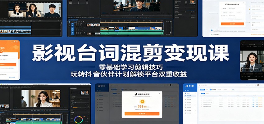 影视台词混剪变现课：零基础学习剪辑技巧，玩转抖音伙伴计划解锁平台双重收益-鑫梵淘