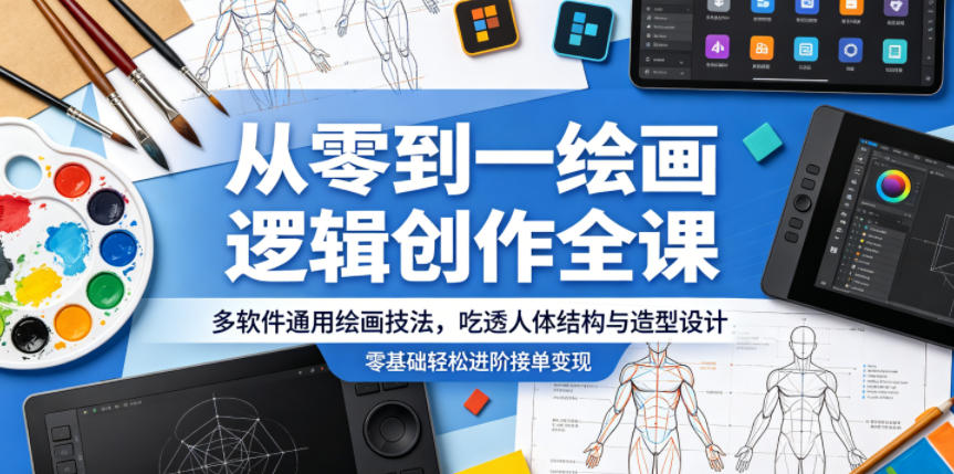 从零到一绘画逻辑创作全课，多软件通用绘画技法，吃透人体结构与造型设计，零基础轻松进阶接单变现-鑫梵淘