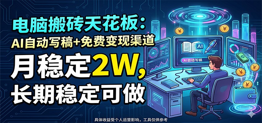 电脑搬砖天花板：AI自动写稿+免费变现渠道，月稳定2W，长期稳定可做-鑫梵淘