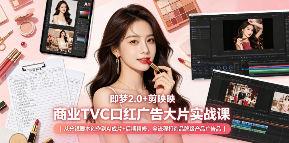 即梦2.0+剪映商业TVC口红广告大片实战课｜从分镜脚本创作到AI成片+后期精修，全流程打造品牌级产品广告-鑫梵淘