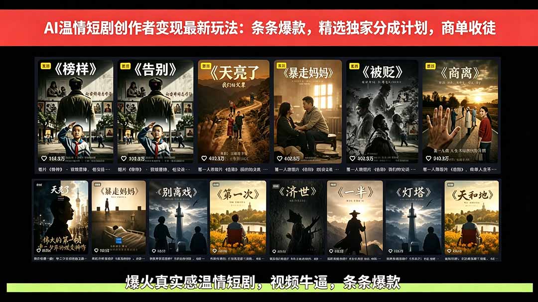 AI温情短剧创作者变现最新玩法：视频牛逼，条条爆款，精选独家分成计划，商单收徒-鑫梵淘