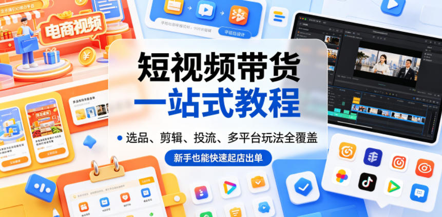 短视频带货一站式教程，选品、剪辑、投流、多平台玩法全覆盖，新手也能快速起店出单-鑫梵淘