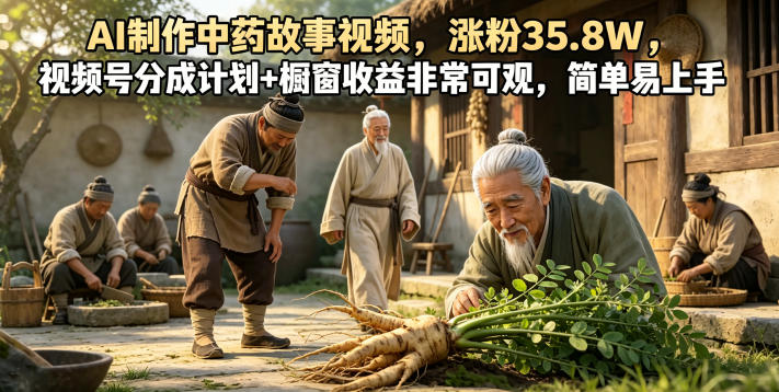 AI制作中药故事视频，涨粉35.8W，视频号分成计划+橱窗收益非常可观，简单易上手-鑫梵淘