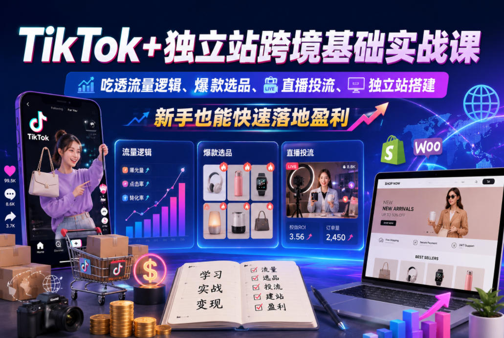 TikTok+独立站跨境基础实战课，吃透流量逻辑、爆款选品、直播投流与独立站搭建，新手也能快速落地盈利-鑫梵淘