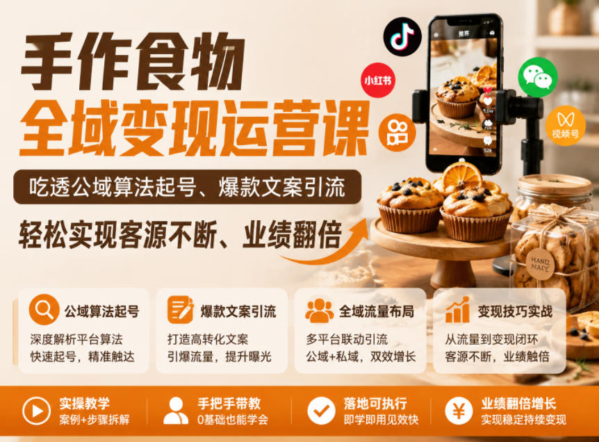 手作食物全域变现运营课，吃透公域算法起号、爆款文案引流，轻松实现客源不断、业绩翻倍-鑫梵淘