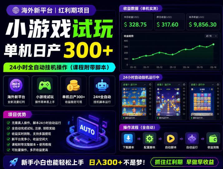 海外新平台，小游戏试玩，单机日产300+，24小时全自动挂G操作(课程附带脚本)【揭秘】-鑫梵淘