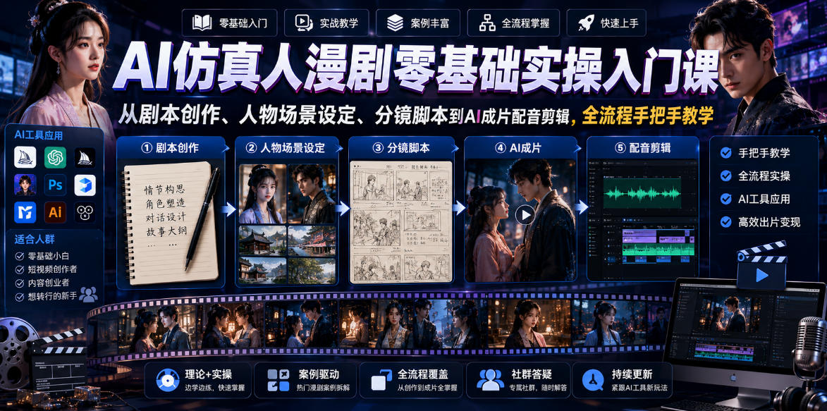 AI仿真人漫剧零基础实操入门课，从剧本创作、人物场景设定、分镜脚本到AI成片配音剪辑，全流程手把手教学-鑫梵淘