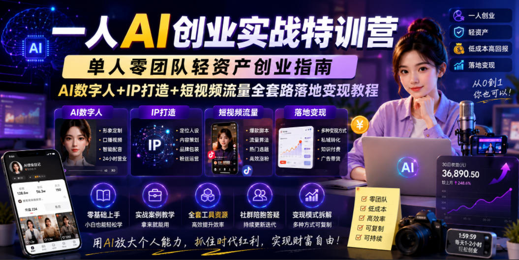 一人AI创业实战特训营，单人零团队轻资产创业指南，AI数字人+IP打造+短视频流量全套路落地变现教程-鑫梵淘