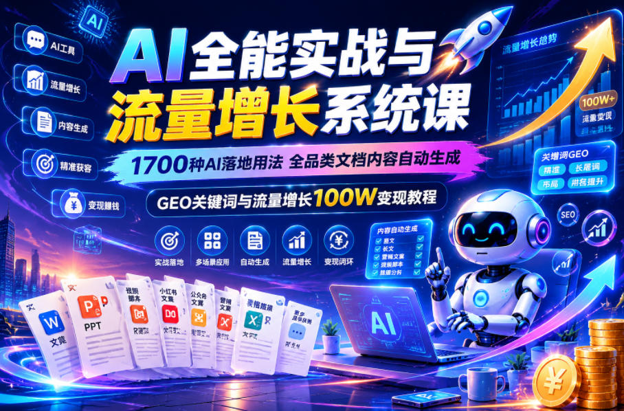 AI全能实战与流量增长系统课，1700种AI落地用法，全品类文档内容自动生成，GEO关键词与流量增长100W变现教程-鑫梵淘