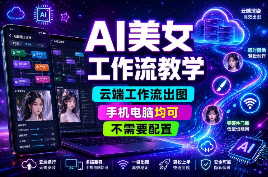 AI美女工作流教学，云端工作流出图，手机电脑均可，不需要配置，快速起号涨粉-鑫梵淘