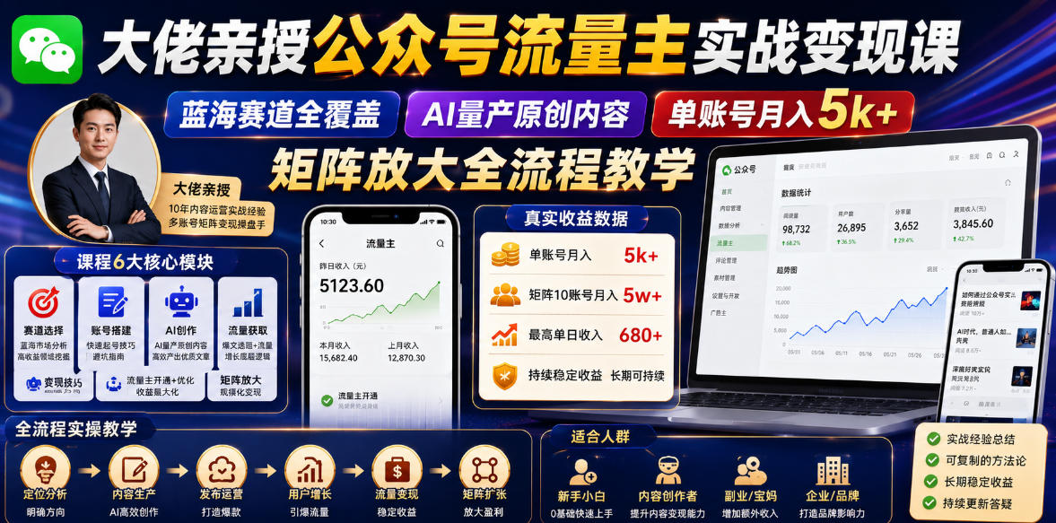 大佬亲授公众号流量主实战变现课，蓝海赛道全覆盖，AI量产原创内容，单账号月入5k+矩阵放大全流程教学-鑫梵淘