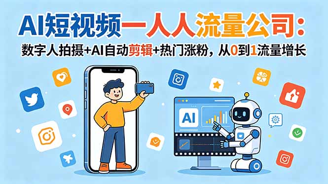 AI短视频一人流量公司：数字人拍摄+AI自动剪辑+热门涨粉，从0到1流量增长-鑫梵淘